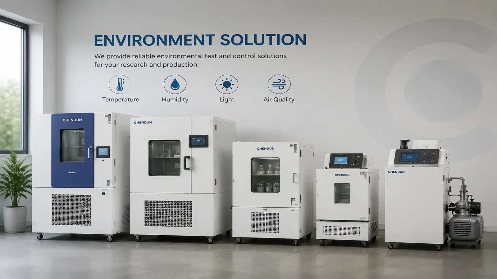 Environmental test chambers for temperature, humidity, light and air quality control