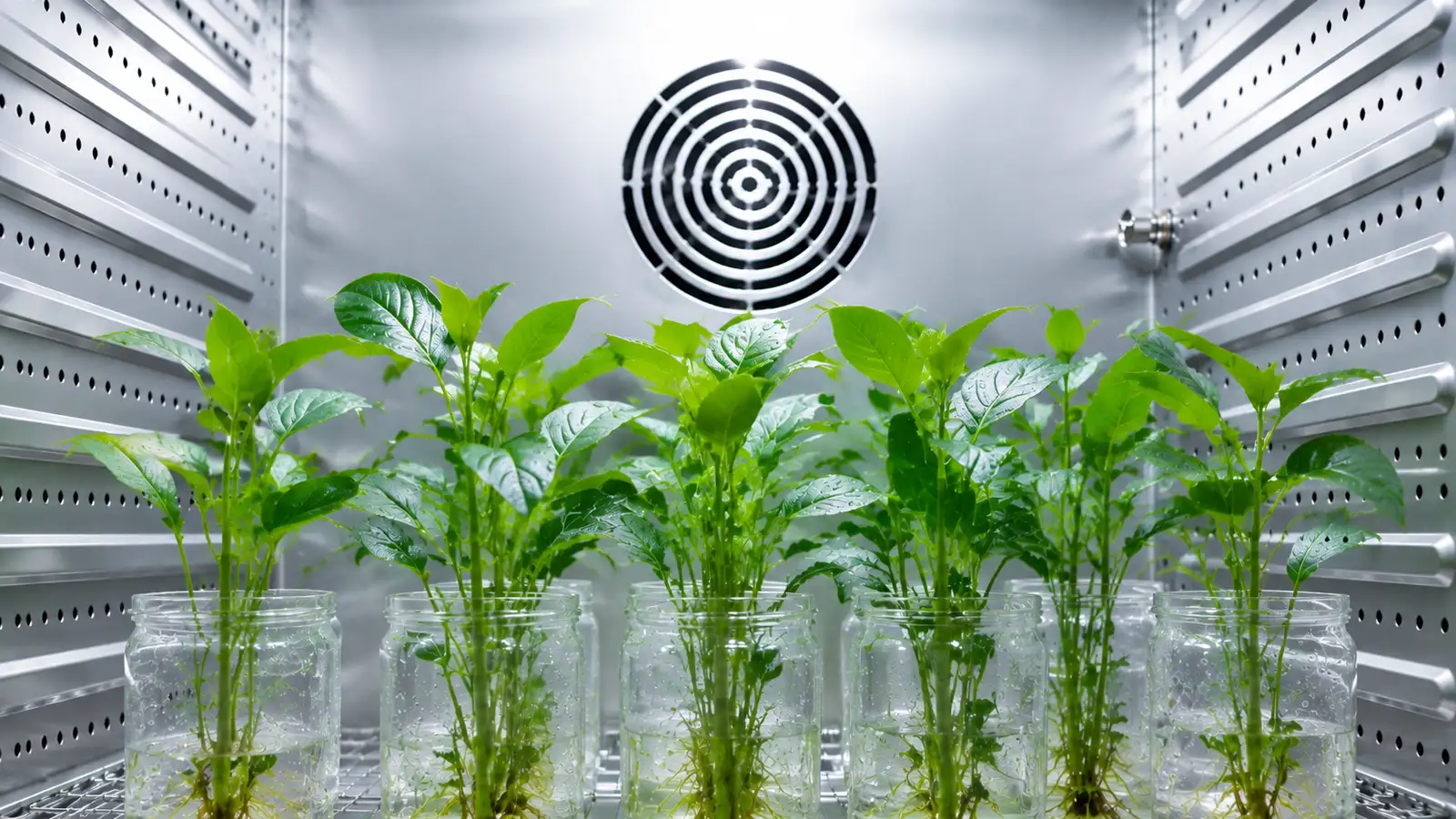 Plant growth chamber with green seedlings in controlled laboratory environment